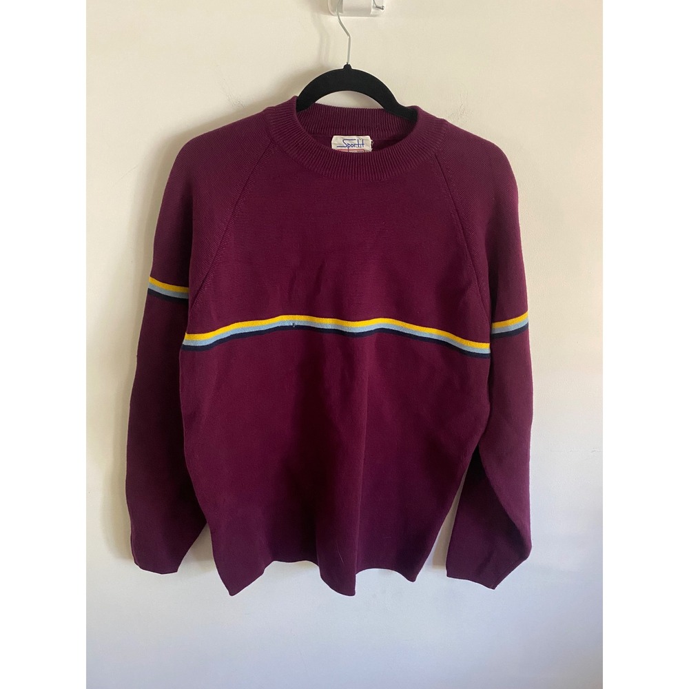 Vintage Sportif USA‎ Mens Wool Sweater Burgundy Striped Crewneck Large 80s 90s